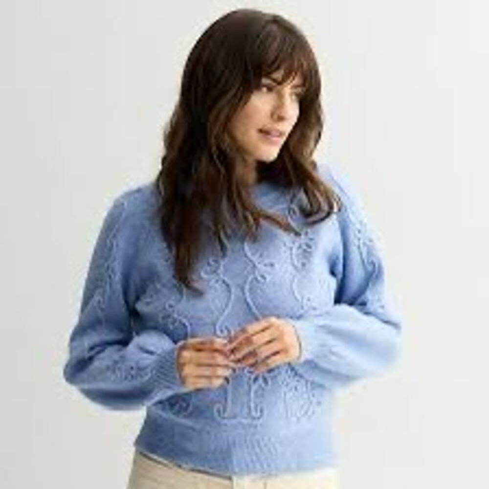 Draper James Raised Floral Embroidery Balloon Sleeve Knit Sweater Large